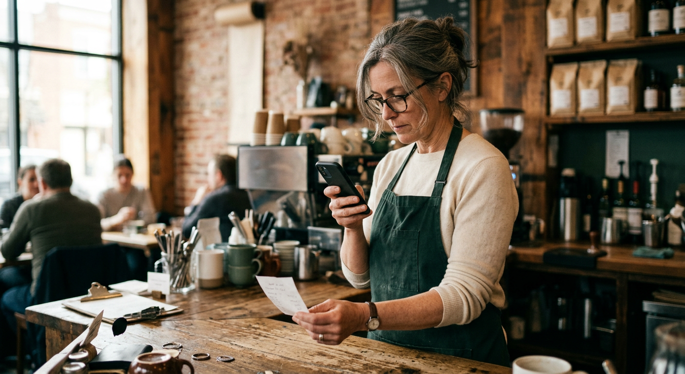 A cafe owner photographing a paper receipt on their phone to send to their firm