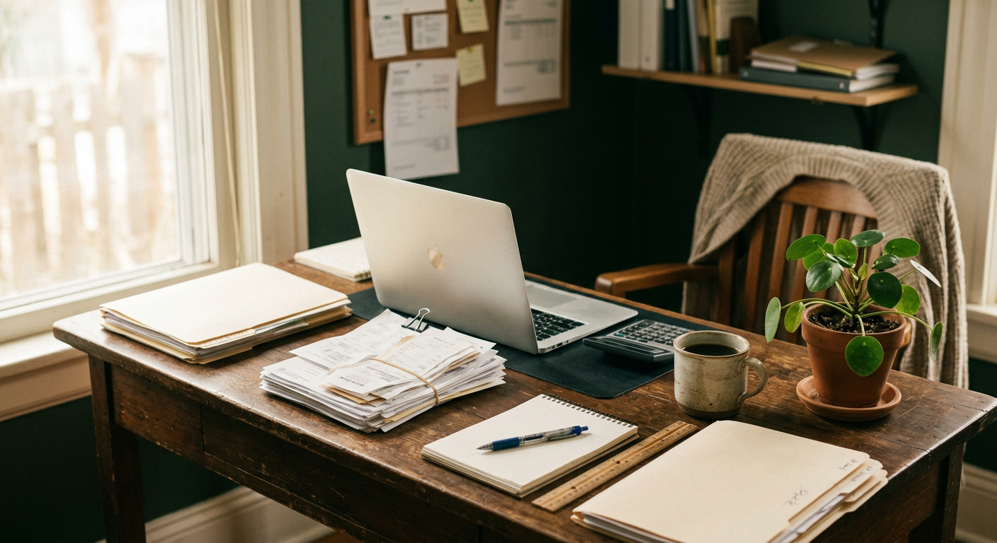 A small bookkeeping firm's desk with a stack of receipts and an open laptop